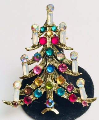 Vintage Signed Weiss Estate Christmas Tree Brooch Pin Multi Colored Rhinestones