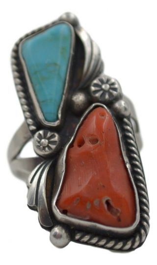 Signed Vintage Navajo Old Pawn Handmade Sterling Silver Turquoise & Coral Ring