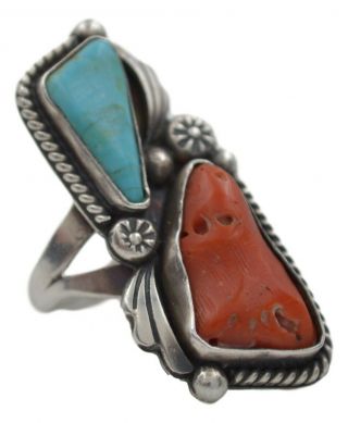 Signed Vintage Navajo Old Pawn Handmade Sterling Silver Turquoise & Coral Ring 2