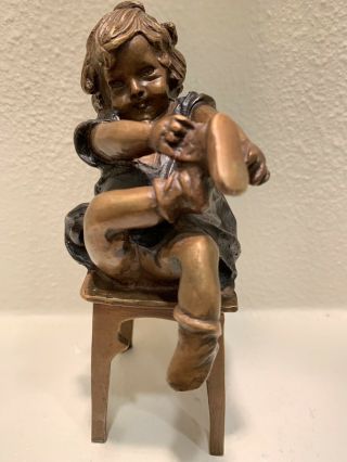 Juan Clara Girl With Shoe Bronze Figure Statue - Signed And Foundry Mark