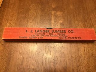Vintage 12 " Wood Level Advertising L.  J.  Langer Lumber Co.  Eldrid Hardin Illinois