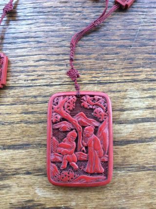 A Fine Chinese Antique Art Deco Carved Cinnabar Pendant Necklace 3