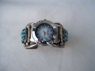 Vintage Navajo Handmade Sterling Silver Turquoise Watch Cuff Bracelet Signed Ss