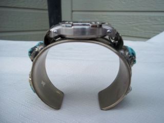 Vintage Navajo Handmade Sterling Silver Turquoise Watch Cuff Bracelet Signed SS 2