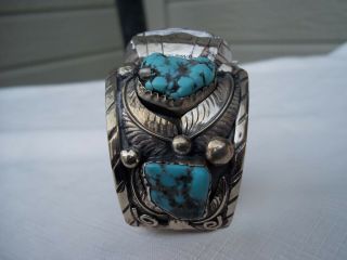 Vintage Navajo Handmade Sterling Silver Turquoise Watch Cuff Bracelet Signed SS 3