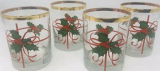 4 Vintage Christmas Red Green Holly Glass Tumblers Low Ball Gold Trim