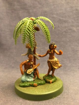 Vintage 1950s? Hawaii Hawaiian Hula Girl Beach Boy Palm Tree Cake Topper Ukelele