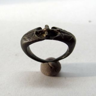 Medieval Ancient Artifact Bronze Small Ring With Cross