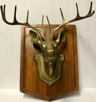 Solid Brass Deer Stag Head With Antlers Mounted On Wood Plaque Great Patina