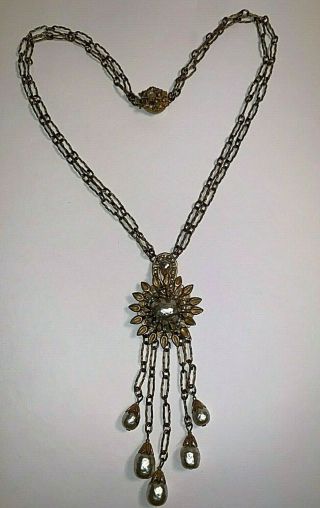 Vintage Miriam Haskell Gold Tone Faux Pearl Fringe Floral Necklace