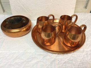 Vintage West Bend Aluminum Co Solid Copper Moscow Mules Mug Set With Tray & Bowl