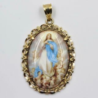 Vintage Estate 14k Solid Gold Virgin Mary Porcelain Christian 1.  5 " Inch Pendant