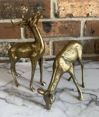 Set Of 2 Vintage Solid Brass Kingdom Deer Reindeer Figures 7.  25 " Stag 6 " Doe