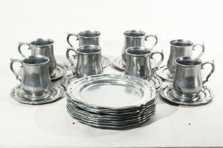 Set Of 24 Crown Castle Ltd Pewter Queen Anne Scalloped Dinner Bread Plates Mugs