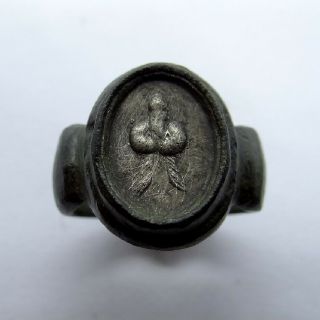 Roman Ancient Artifact Bronze And Silver Ring With Phallus And Wings
