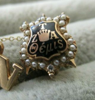 1953 10k Gold Seed Pearl & Diamond Zta Zeta Tau Alpha Sorority Badge Pin
