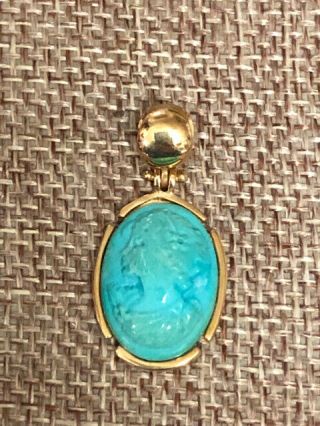 Vintage 14k Yellow Gold Carved Turquoise Cameo Pendant Signed Italy And