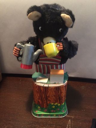 Coffee Loving Bear Vintage Tin Litho Battery Operated Toy