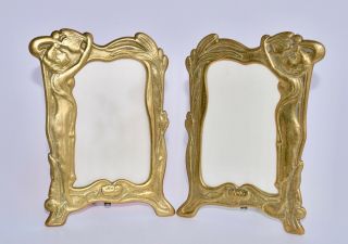 Attractive Antique Art Nouveau Brass Photo Frames - Ladies Water Lilies