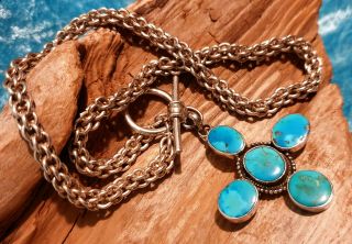 Vintage 925 Solid Silver Big & Chunky Turquoise Cross And Chain Necklace - 1998