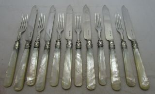 Good Set 6 Pairs Antique Victorian Sterling Silver & Mop Dessert Eaters,  470g