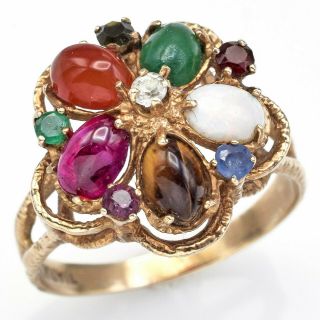 Vintage 10k Yellow Gold Multi - Stone Floral Cluster Cocktail Ring 4 Grams Sz 8.  75