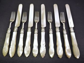 10 Piece Solid Silver & Carved Mother Of Pearl Dessert Cutlery Set - London 1885