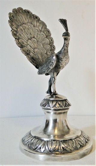 Very Rare Early Portuguese Solid Silver Figural Toothpick Holder Peacock 1830