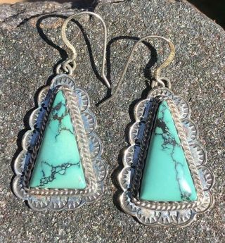 Vintage Old Pawn Navajo Gem Spiderweb Turquoise Sterling Silver Dangle Earrings