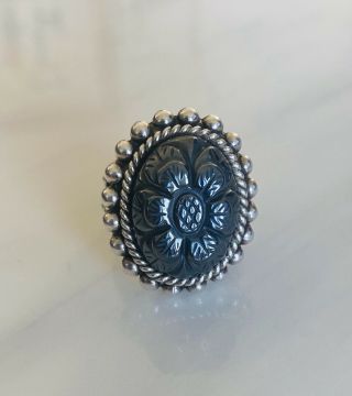 Stephen Dweck Signed Designer Sterling Silver Carved Floral Hematine Ring Size 8