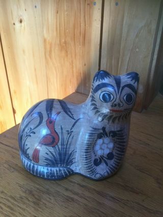 Vintage Ceramic,  Pottery Hand Painted Cat Figurine,  Made In Mexico
