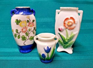 Occupied Japan - Blue Vase,  Green Flower Vase,  Miniature Vase With Blue Flowers
