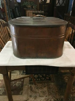 Antique Copper Wash Tub Boiler With Wooden Handles With Patina