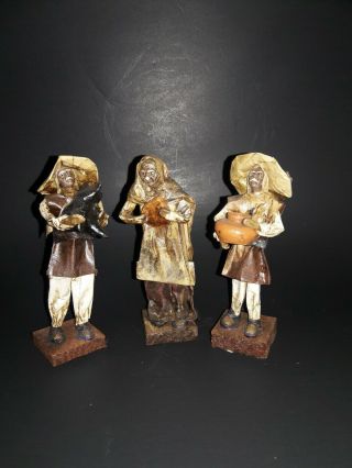3 Vintage Mexican Folk Art Paper Mache Figurines 2 Men And Woman.  Very Intricate