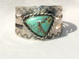 Vintage Old Pawn Sterling Silver Wide Cuff Turquoise Stone Bracelet
