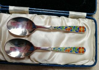 Bernard Instone 1927 Signed Arts & Crafts Enamel Silver Spoons Orig Box