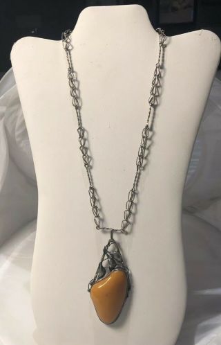 Vintage Sterling Silver Egg Yolk Baltic Amber Pendant Necklace Chain