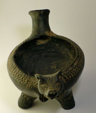 Pre Columbian Tairona Blackware Figural Vessel Jaguar Head And Spout