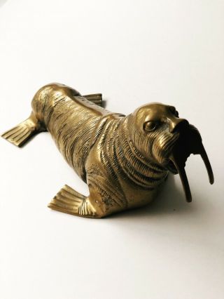 Large Brass Walrus Animal Figurine Vintage Mid Century Modern 10.  5”l 1280g