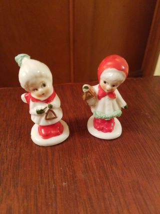 Vintage Napco 2 Christmas Girls Miniature Bone China Figurines