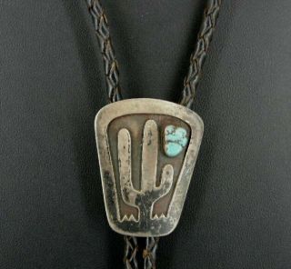 Bolo Tie Silver Turquoise Stone Cactus Vintage Sterling 925 Slide Bolo Tie