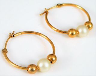 Vintage Designer Signed 14k Yellow Gold Ball Pearl Medium Hoop Earrings.  9 Gram