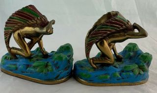 Vintage Painted Brass Or Metal Native American Indian Figurine Bookend Pair
