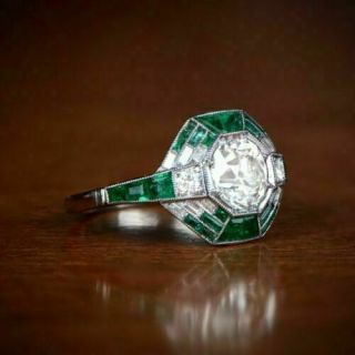Vintage Art Deco 2.  39ct Diamond & Emerald Engagement Ring 14k White Gold Over