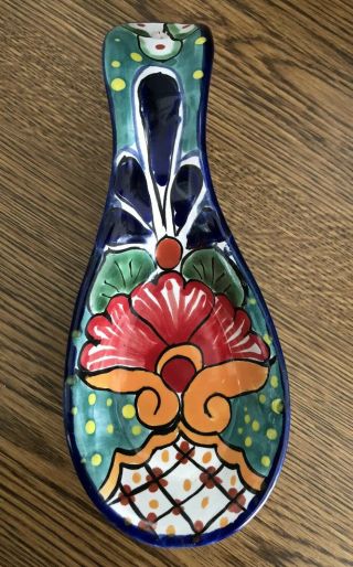 Colorful Spoon Rest Hand Painted Mexican Talavera Pottery Kitchen Use Or Decor
