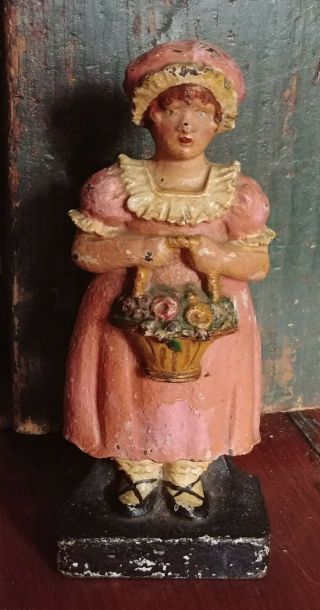 Antique Girl With Flower Basket Cast Iron Figural Doorstop