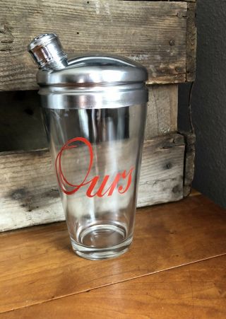 Retro - Vintage Mid Century “ours” 3 Pc Glass Cobble Cocktail Shaker Red Lettering