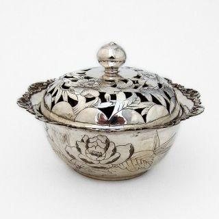 Chinese Export Silver Engraved Covered Bowl Pierced Lid 1920