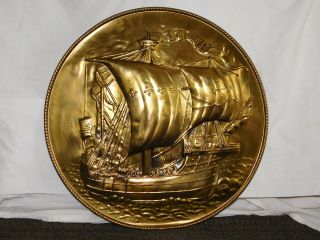 Vintage 22 1/2 " Across Stamped Brass Spanish Galleon Pirate Ship Wall Decoration