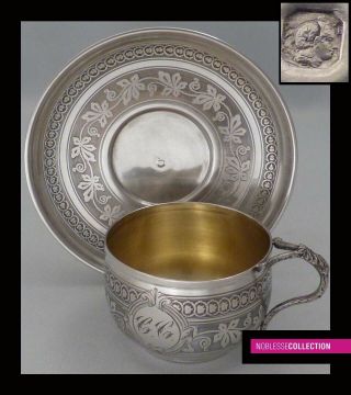 Antique 1860s French Sterling Silver & Vermeil Coffee Cup & Saucer Napoleon Iii